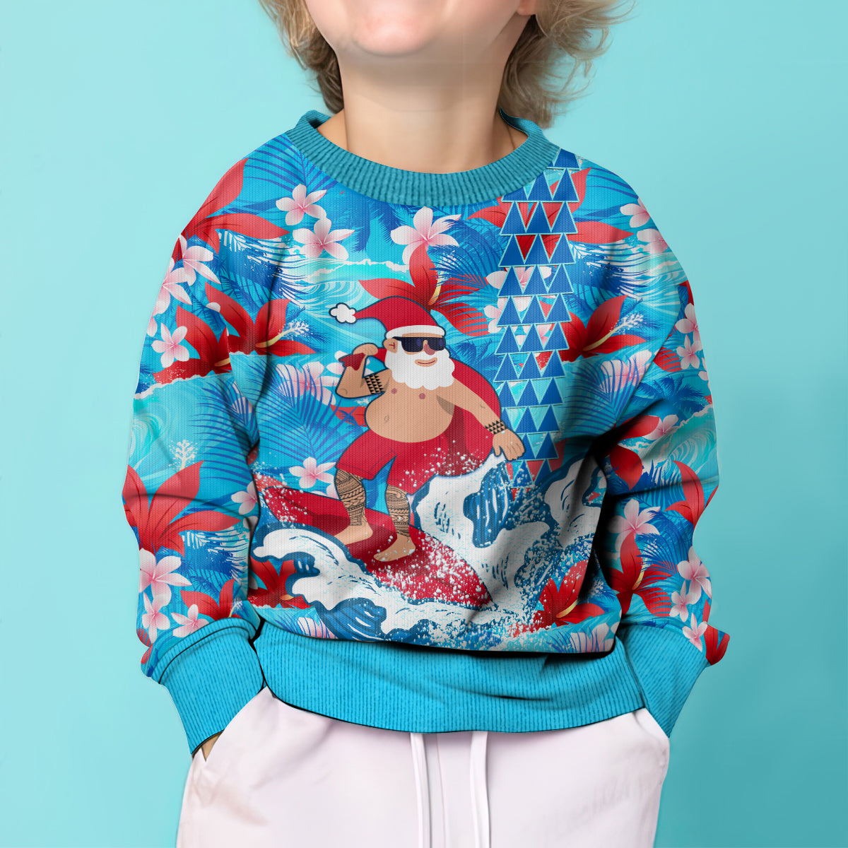 Hawaii Christmas Kid Ugly Christmas Sweater Santa Claus Surfing Kakau Tropical Style LT01 - Polynesian Pride