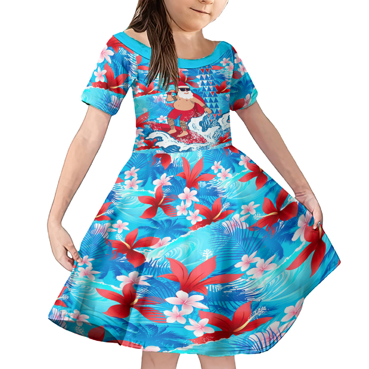 Hawaii Christmas Kid Short Sleeve Dress Santa Claus Surfing Kakau Tropical Style LT01 KID Blue - Polynesian Pride