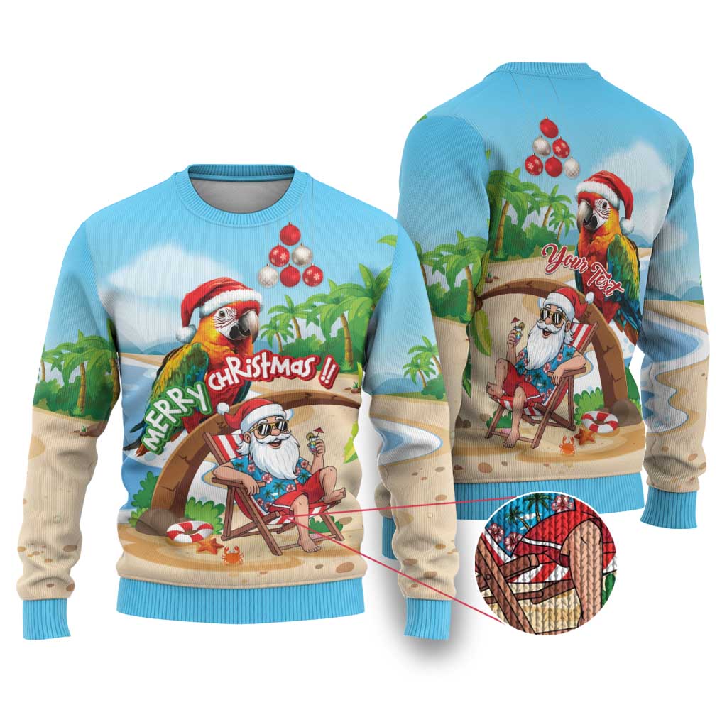 Personalized Hawaii Santa Parrot Christmas Ugly Christmas Sweater Summer Vibe LT01 Blue - Polynesian Pride