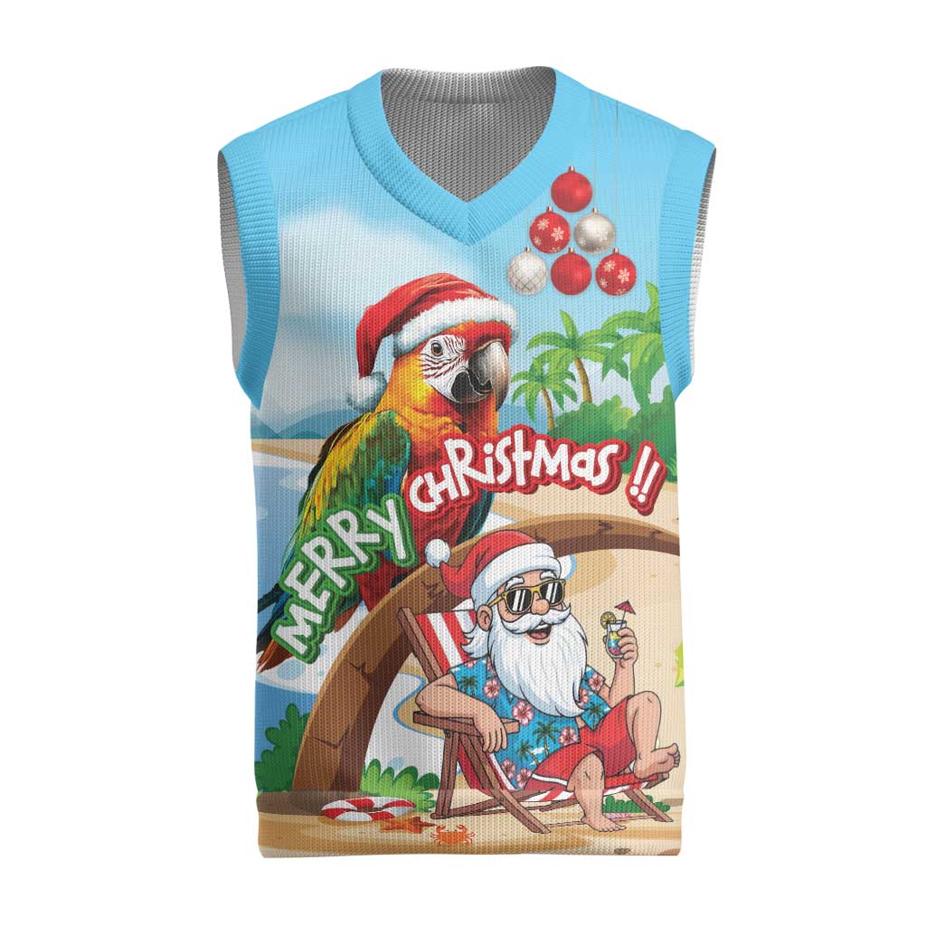 Personalized Hawaii Santa Parrot Christmas Knitted V-Neck Vest Summer Vibe LT01 Blue - Polynesian Pride