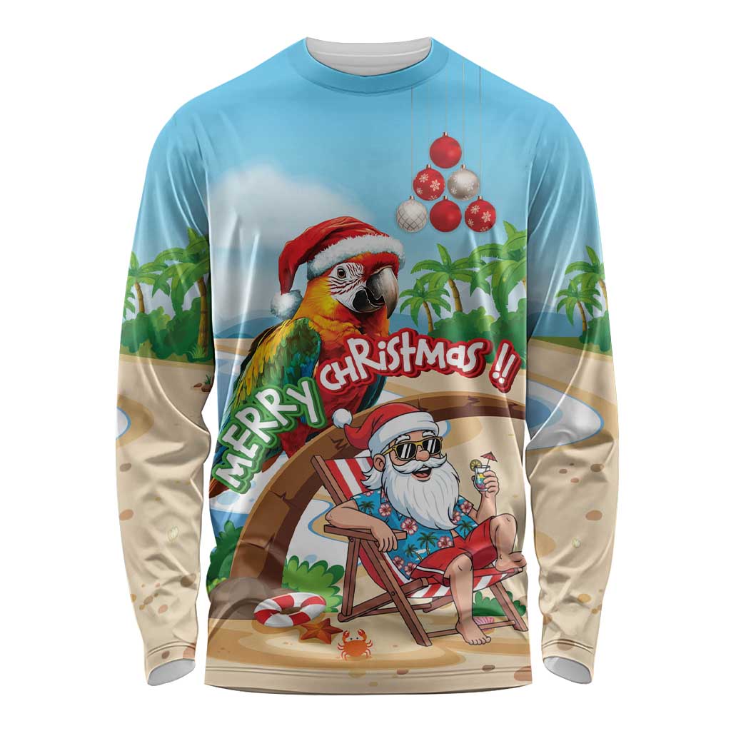Personalized Hawaii Santa Parrot Christmas Long Sleeve Shirt Summer Vibe LT01 Unisex Blue - Polynesian Pride