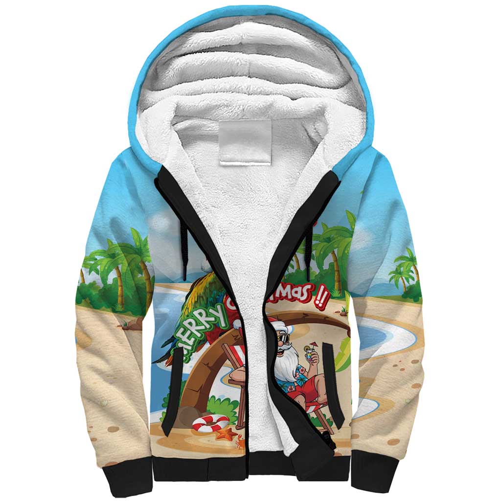 Personalized Hawaii Santa Parrot Christmas Sherpa Hoodie Summer Vibe LT01 Unisex Blue - Polynesian Pride