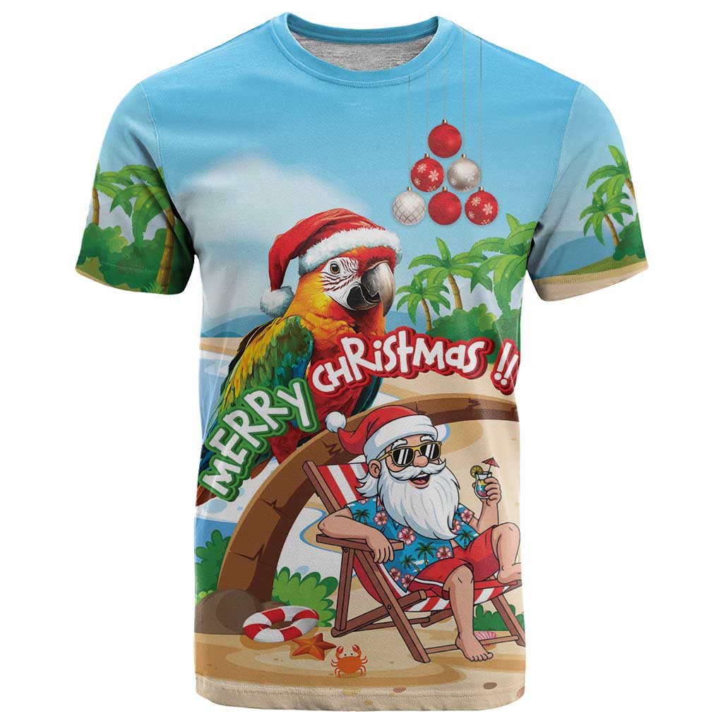 Personalized Hawaii Santa Parrot Christmas T Shirt Summer Vibe LT01 Blue - Polynesian Pride