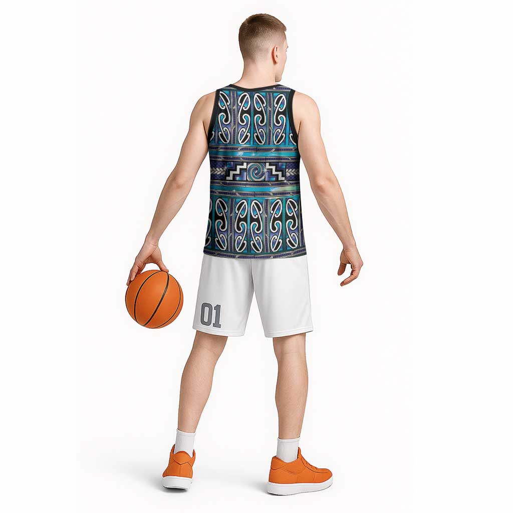 Maori Matariki Basketball Jersey Blue Galaxy Aesthetic Koru Art LT01 - Polynesian Pride