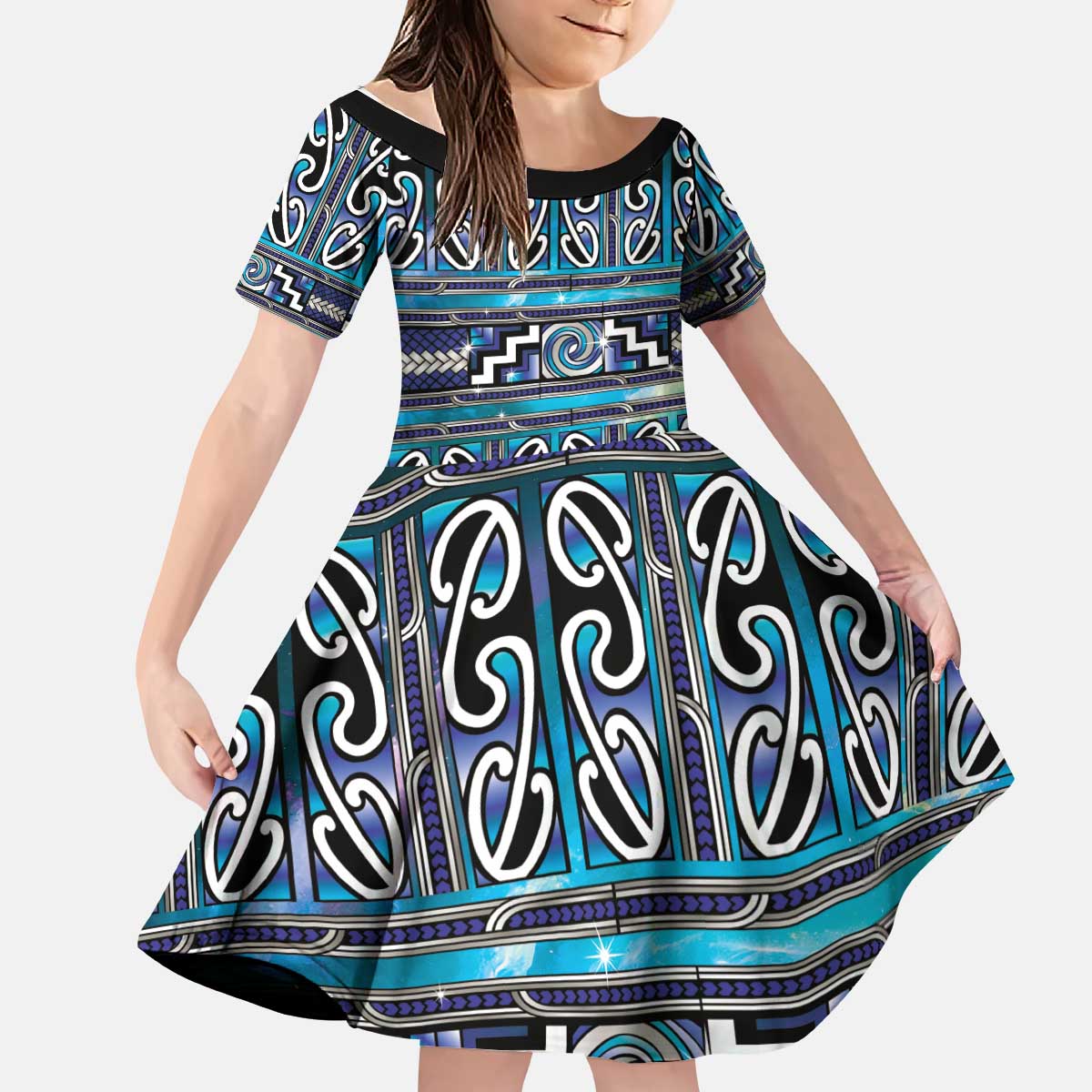 Maori Matariki Kid Short Sleeve Dress Blue Galaxy Aesthetic Koru Art LT01 KID Blue - Polynesian Pride