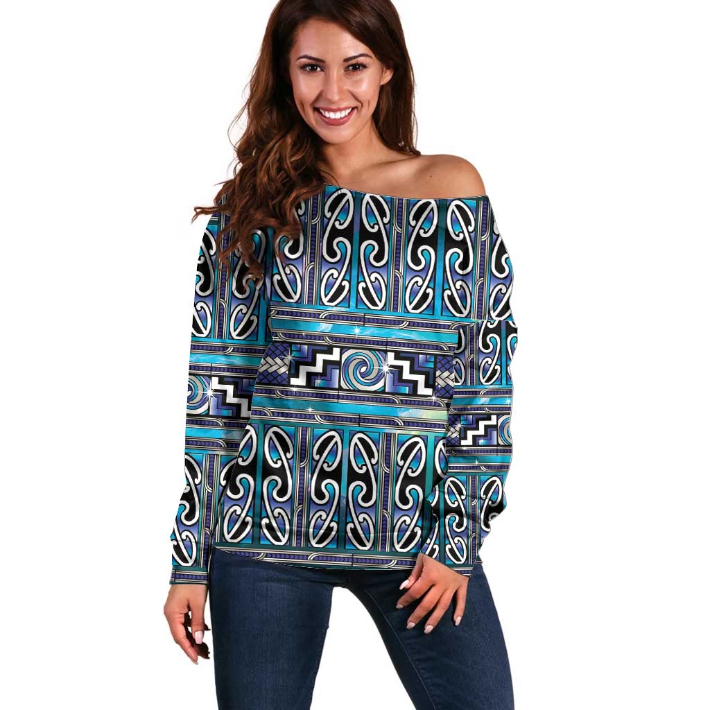 Maori Matariki Off Shoulder Sweater Blue Galaxy Aesthetic Koru Art LT01 Women Blue - Polynesian Pride