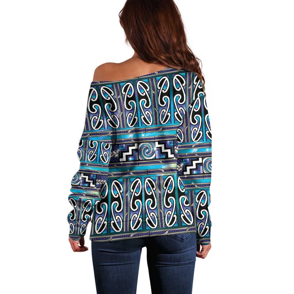 Maori Matariki Off Shoulder Sweater Blue Galaxy Aesthetic Koru Art LT01 - Polynesian Pride