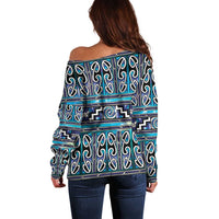 Maori Matariki Off Shoulder Sweater Blue Galaxy Aesthetic Koru Art LT01 - Polynesian Pride