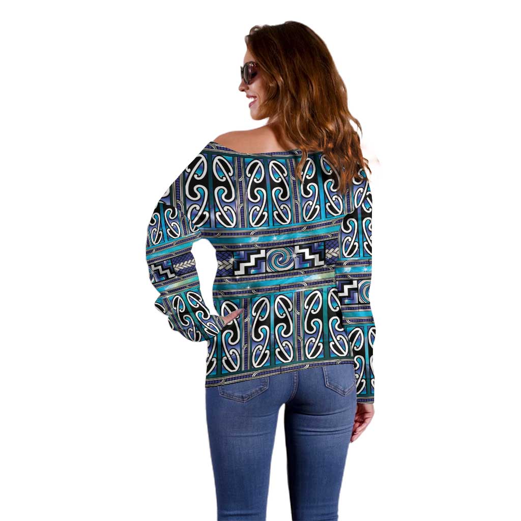 Maori Matariki Off Shoulder Sweater Blue Galaxy Aesthetic Koru Art LT01 - Polynesian Pride