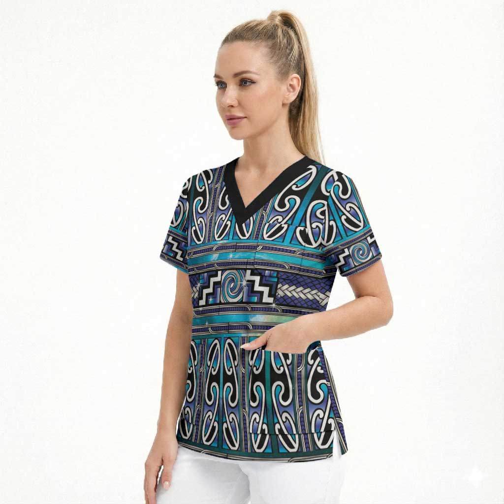 Maori Matariki Scrub Top Blue Galaxy Aesthetic Koru Art LT01 - Polynesian Pride