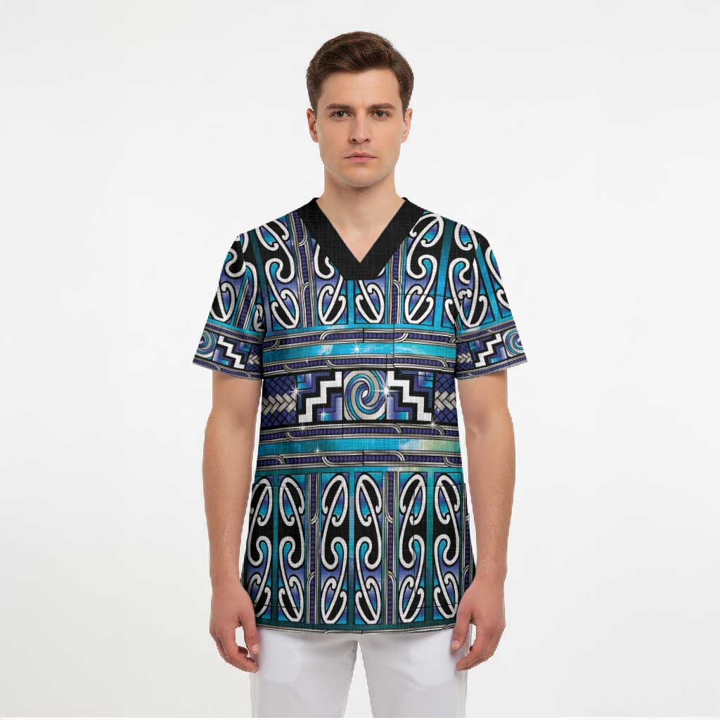 Maori Matariki Scrub Top Blue Galaxy Aesthetic Koru Art LT01 - Polynesian Pride