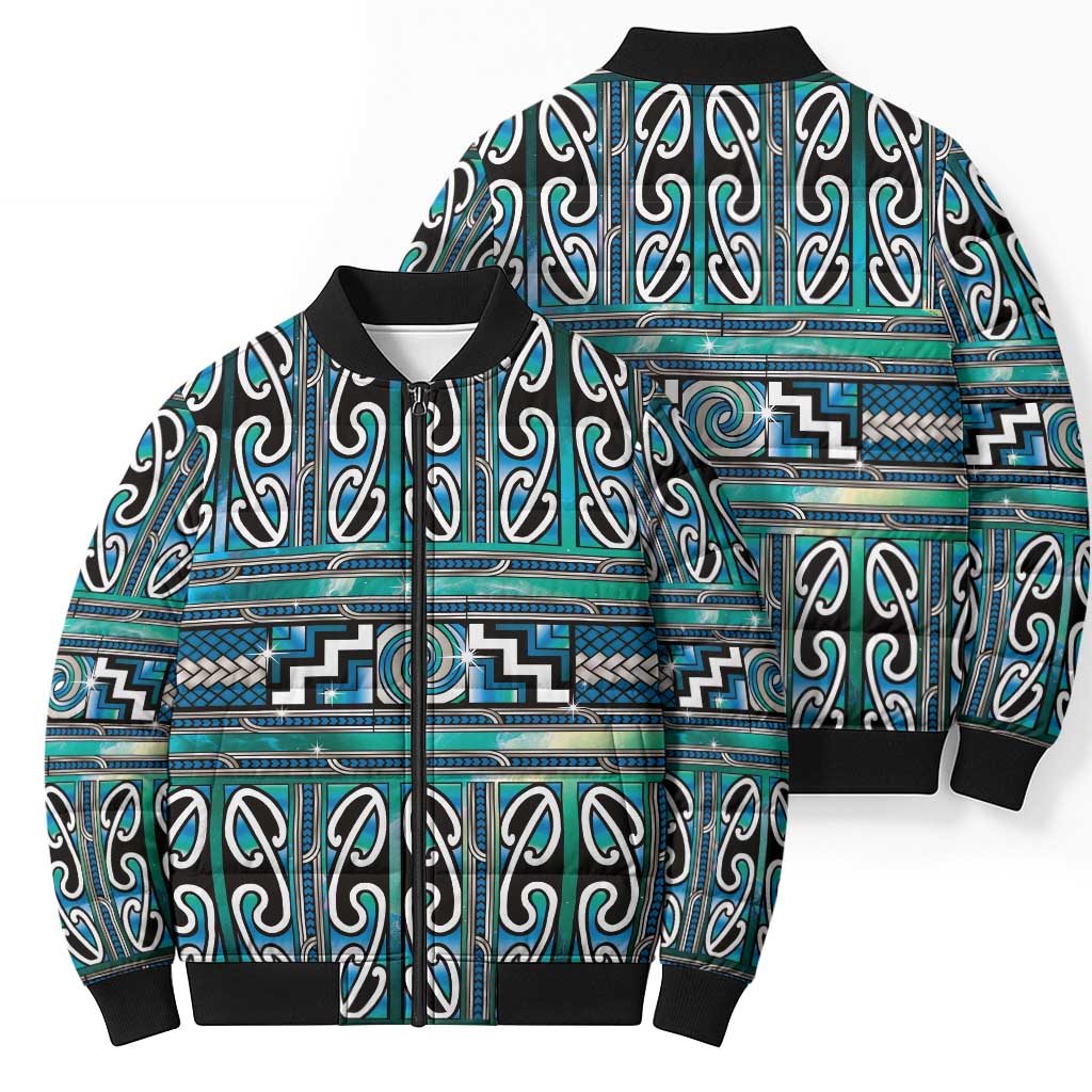 Maori Matariki Bomber Puffer Jacket Green Galaxy Aesthetic Koru Art LT01 - Polynesian Pride