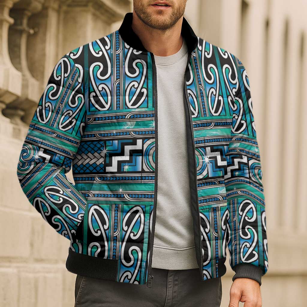 Maori Matariki Bomber Puffer Jacket Green Galaxy Aesthetic Koru Art LT01 - Polynesian Pride