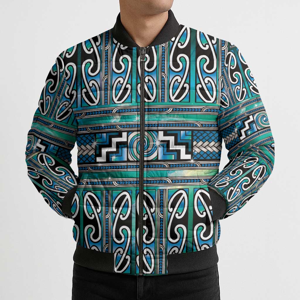 Maori Matariki Bomber Puffer Jacket Green Galaxy Aesthetic Koru Art LT01 - Polynesian Pride