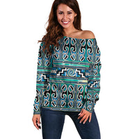 Maori Matariki Off Shoulder Sweater Green Galaxy Aesthetic Koru Art LT01 Women Green - Polynesian Pride