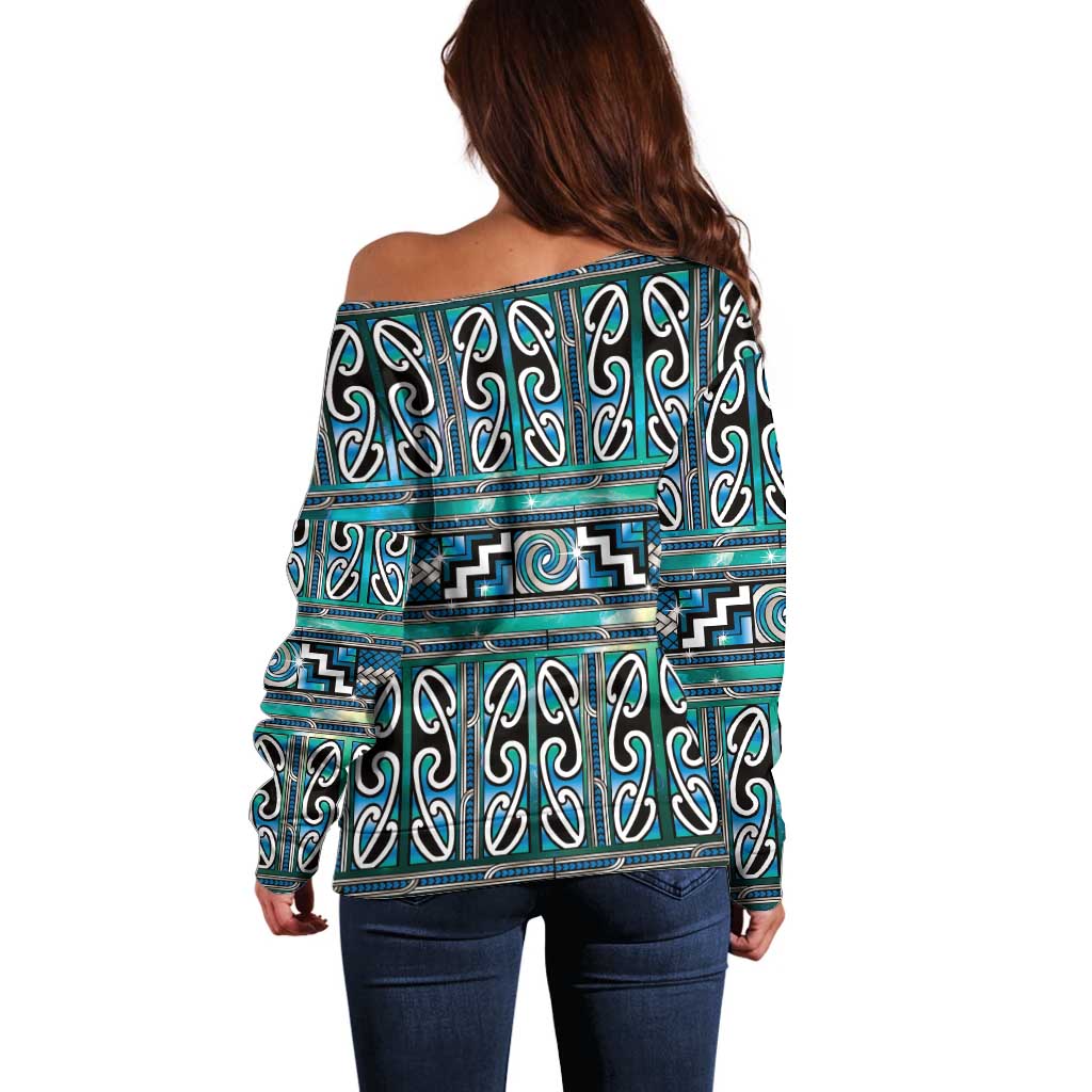 Maori Matariki Off Shoulder Sweater Green Galaxy Aesthetic Koru Art LT01 - Polynesian Pride