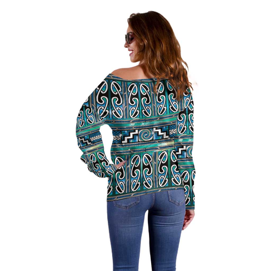 Maori Matariki Off Shoulder Sweater Green Galaxy Aesthetic Koru Art LT01 - Polynesian Pride