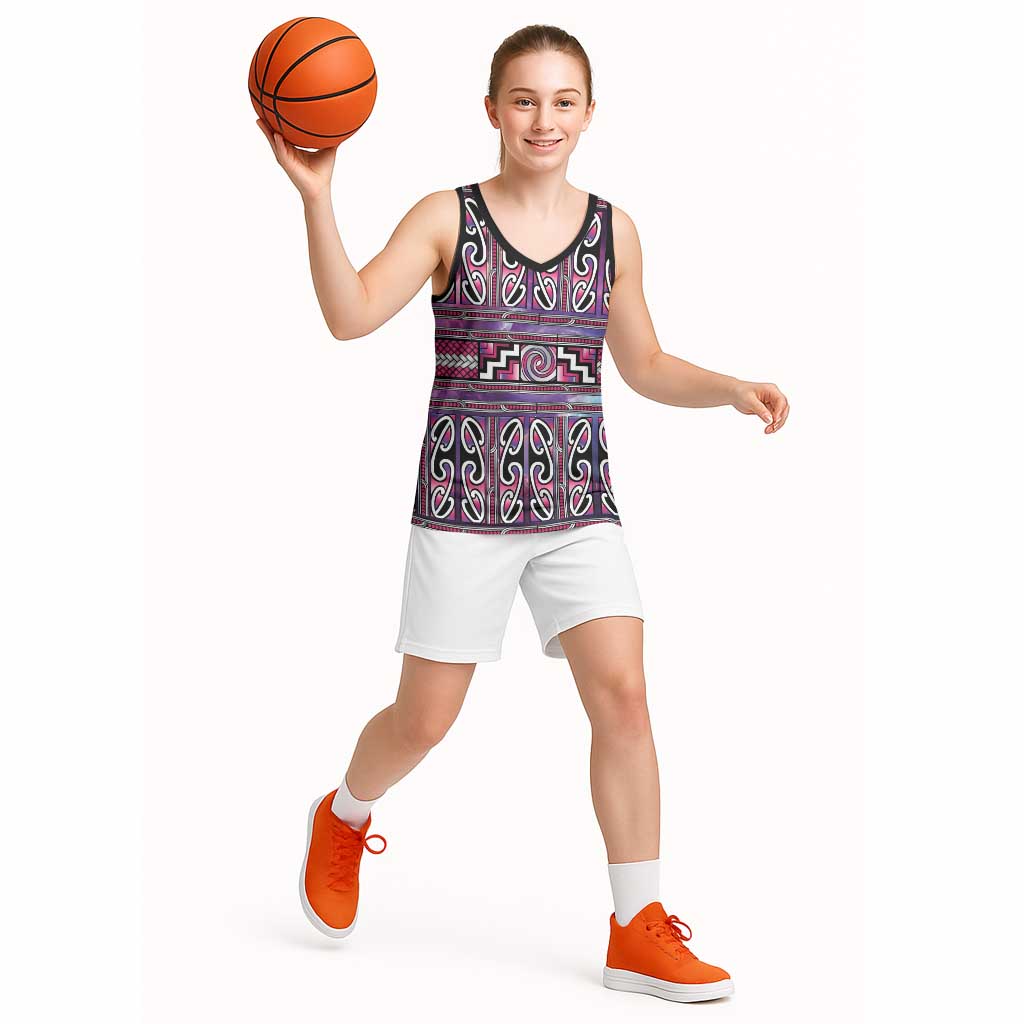 Maori Matariki Basketball Jersey Pink Galaxy Aesthetic Koru Art LT01 - Polynesian Pride