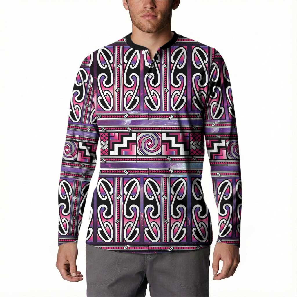 Maori Matariki Button Sweatshirt Pink Galaxy Aesthetic Koru Art LT01 - Polynesian Pride