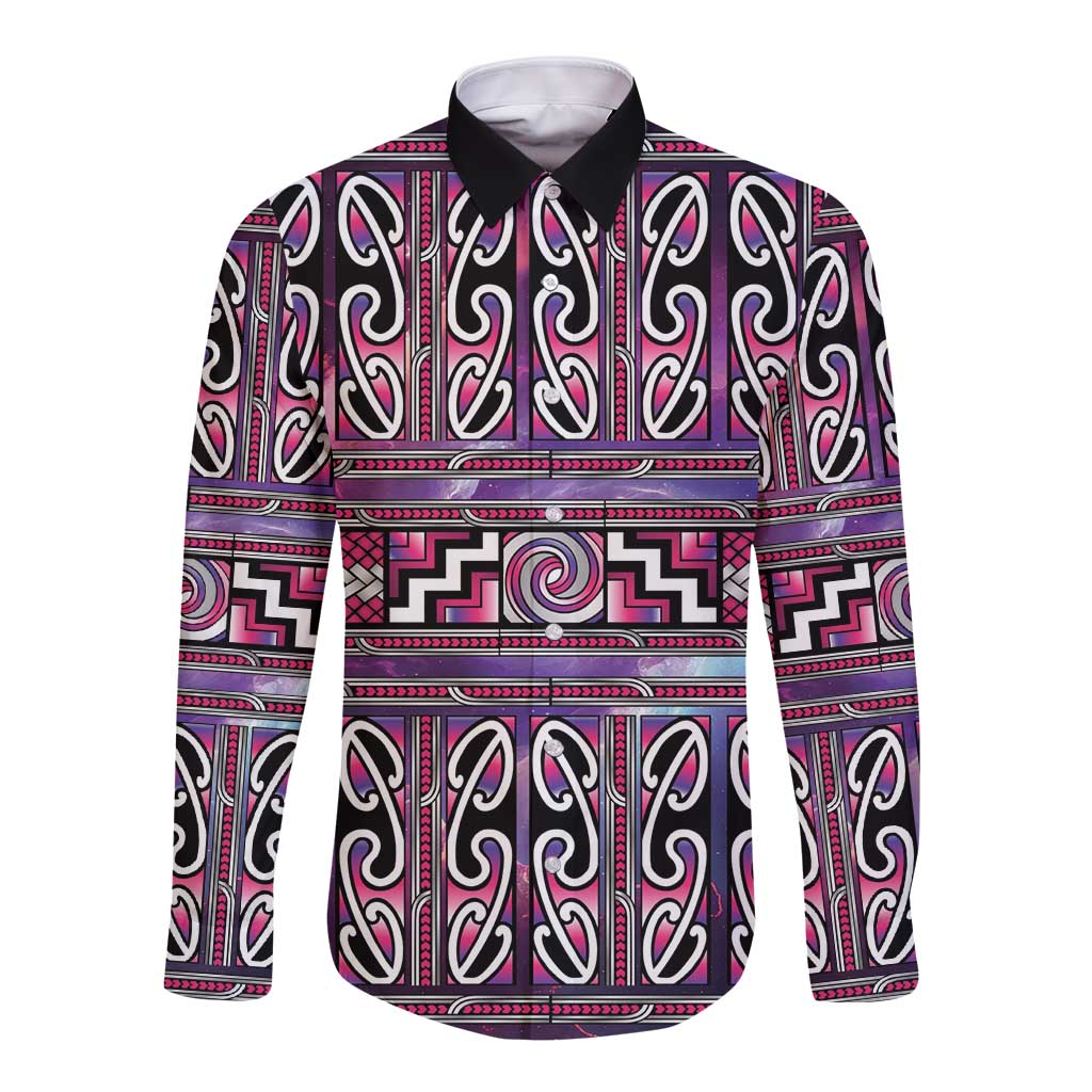 Maori Matariki Long Sleeve Button Shirt Pink Galaxy Aesthetic Koru Art LT01 Unisex Pink - Polynesian Pride