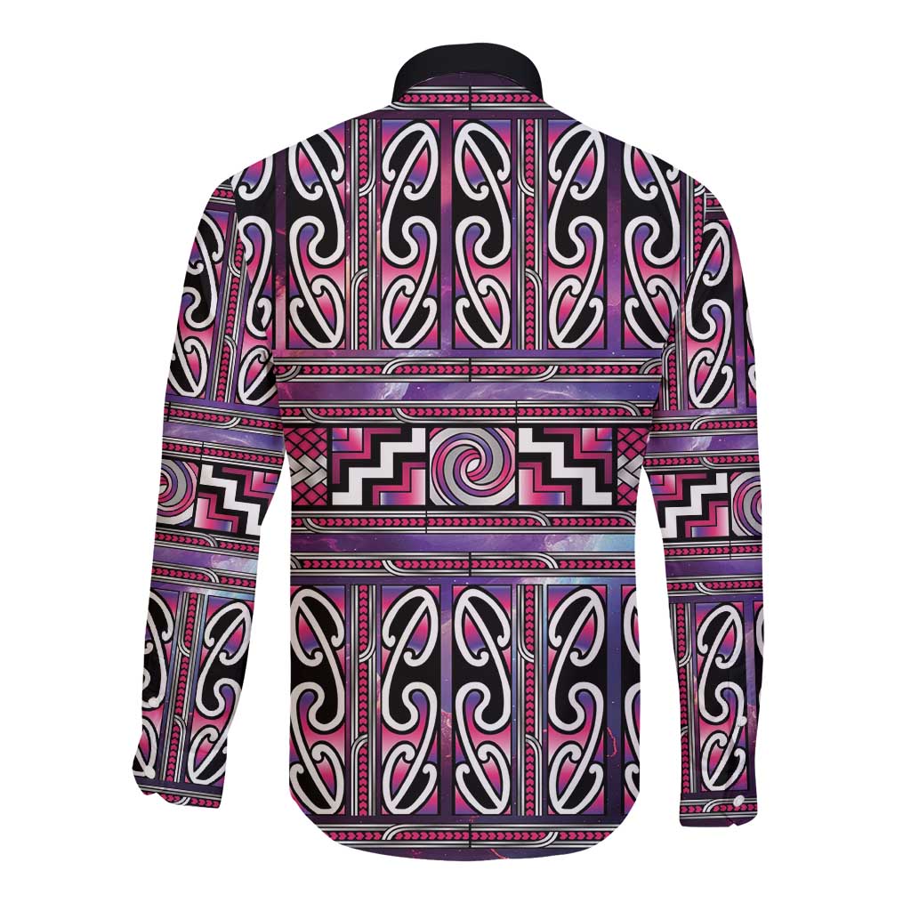 Maori Matariki Long Sleeve Button Shirt Pink Galaxy Aesthetic Koru Art LT01 - Polynesian Pride
