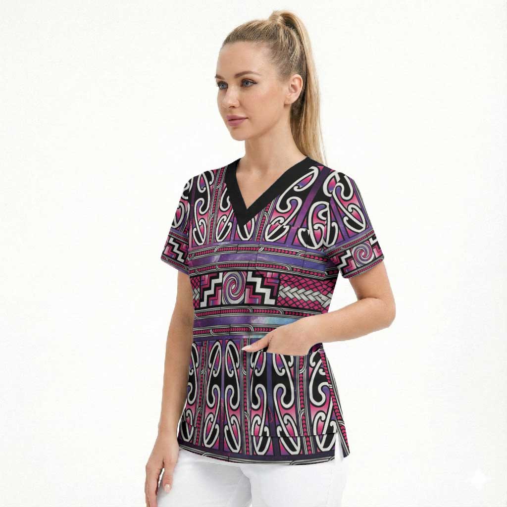 Maori Matariki Scrub Top Pink Galaxy Aesthetic Koru Art LT01 - Polynesian Pride