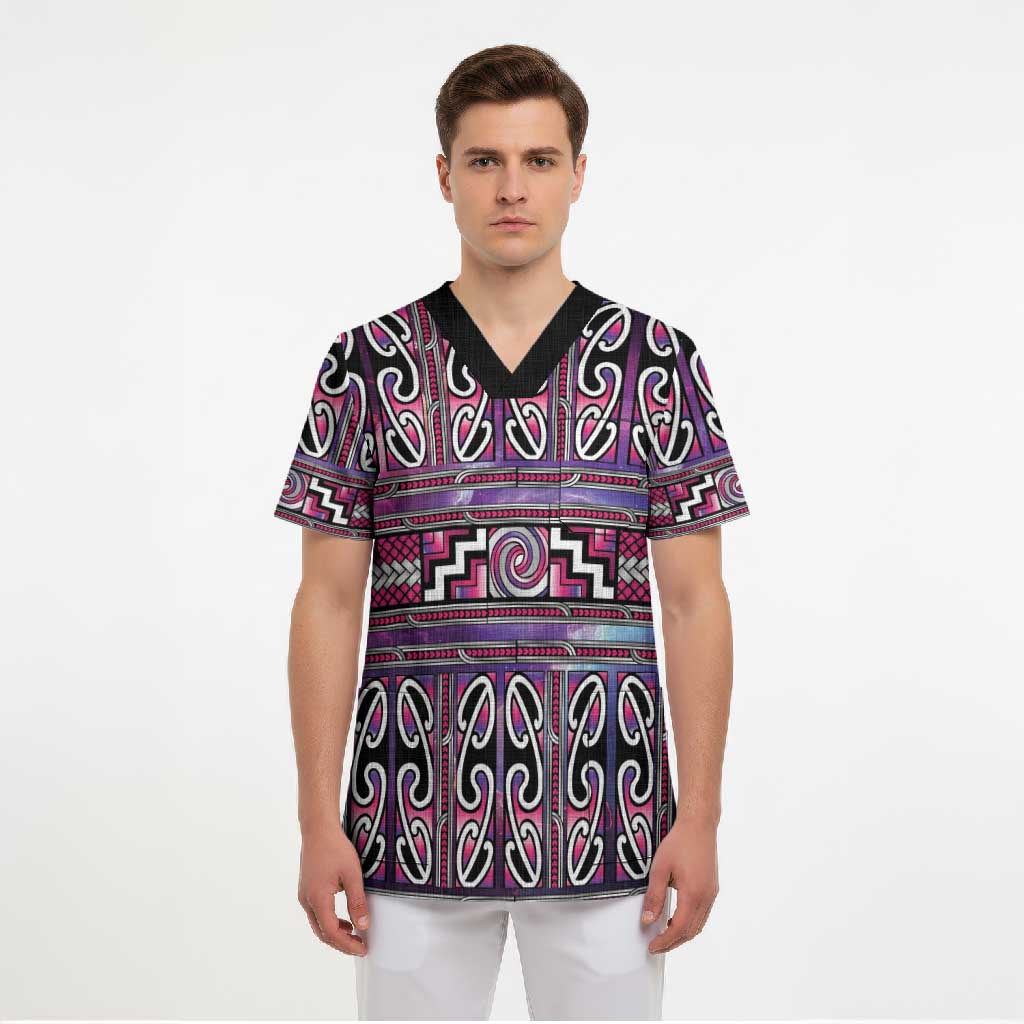 Maori Matariki Scrub Top Pink Galaxy Aesthetic Koru Art LT01 - Polynesian Pride