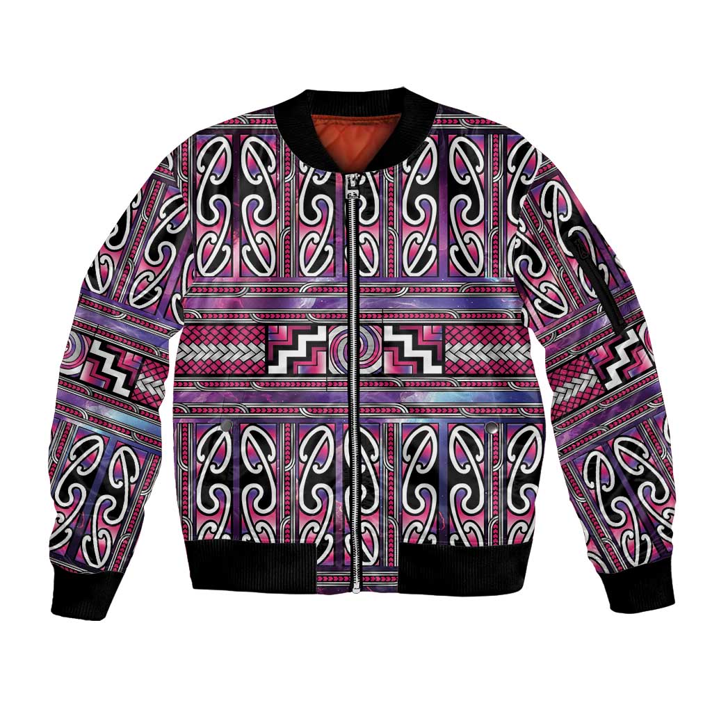 Maori Matariki Sleeve Zip Bomber Jacket Pink Galaxy Aesthetic Koru Art LT01 Unisex Pink - Polynesian Pride
