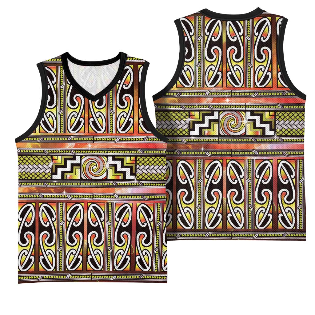Maori Matariki Basketball Jersey Yellow Galaxy Aesthetic Koru Art LT01 - Polynesian Pride
