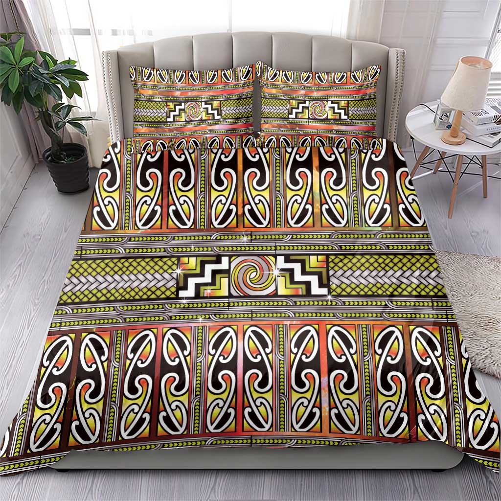 Maori Matariki Bedding Set Yellow Galaxy Aesthetic Koru Art LT01 - Polynesian Pride