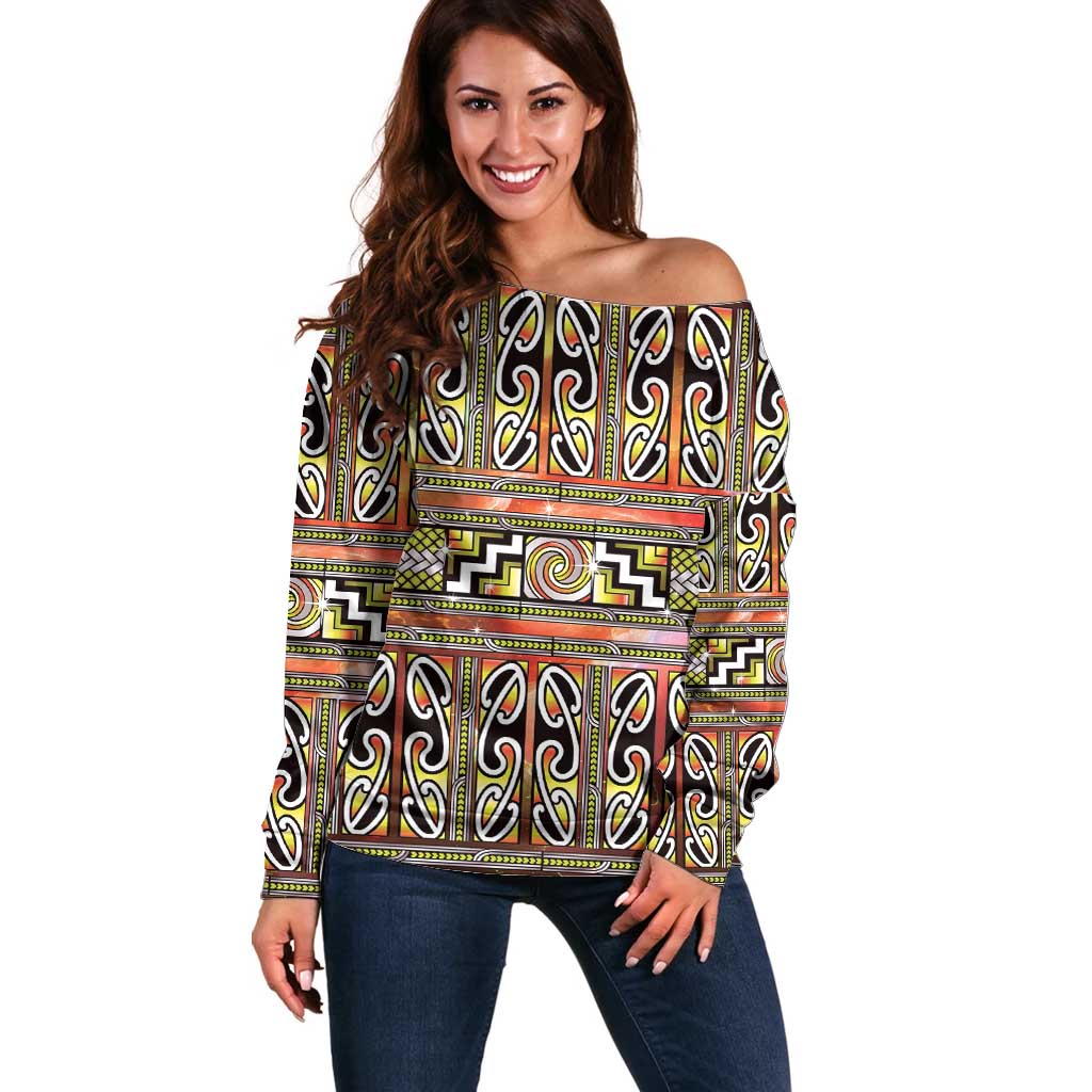 Maori Matariki Off Shoulder Sweater Yellow Galaxy Aesthetic Koru Art LT01 Women Yellow - Polynesian Pride