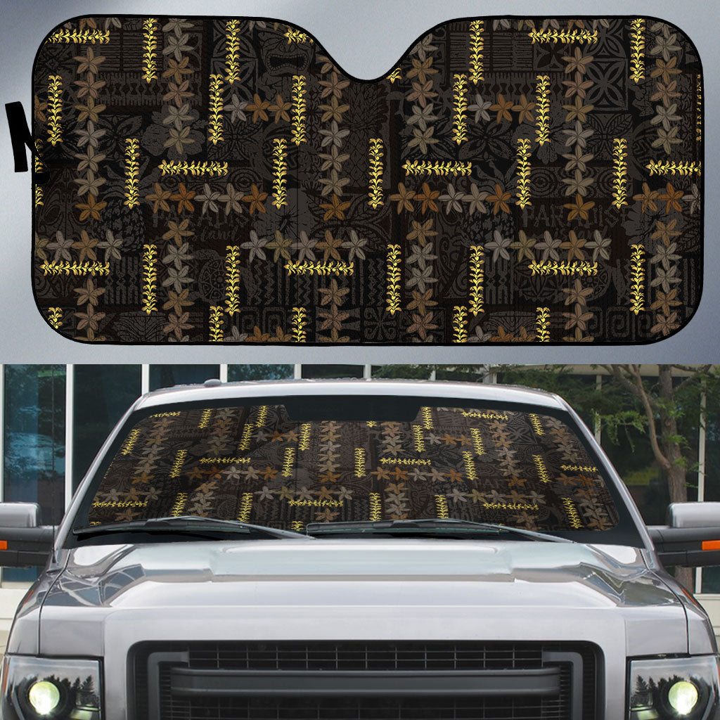 Hawaii Brown Plumeria Lei Black Auto Sun Shade Frangipani Floral Heritage Art LT01 Black - Polynesian Pride