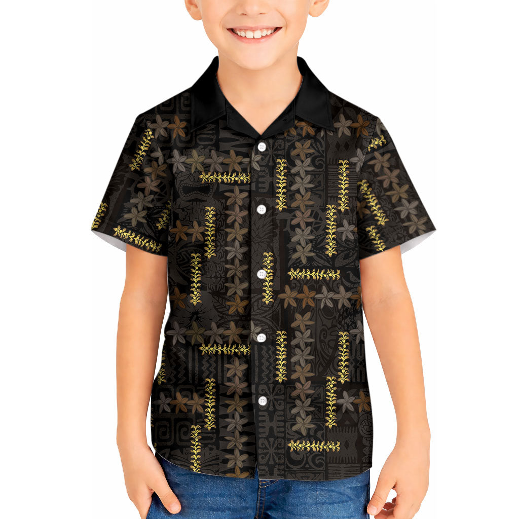 Hawaii Brown Plumeria Lei Black Kid Hawaiian Shirt Frangipani Floral Heritage Art LT01 Kid Black - Polynesian Pride
