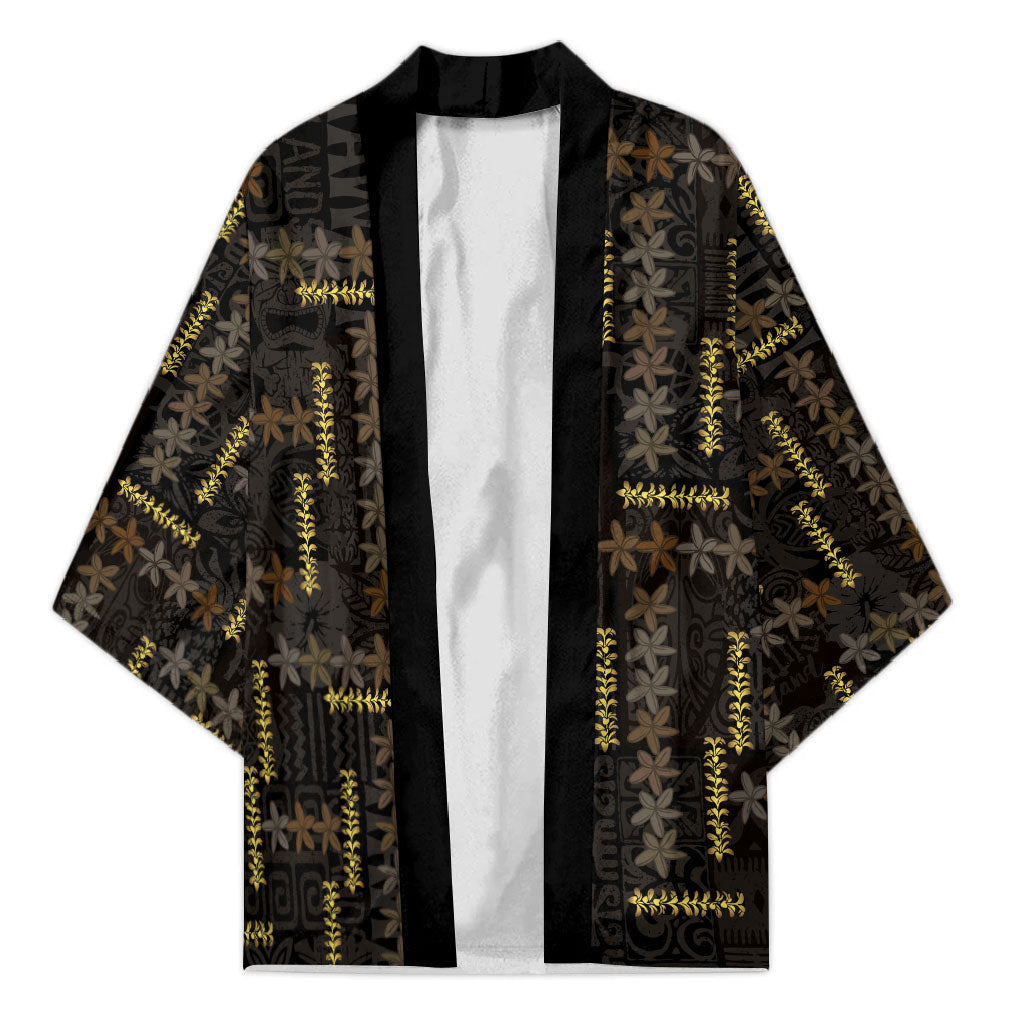 Hawaii Brown Plumeria Lei Black Kimono Frangipani Floral Heritage Art LT01 Unisex Black - Polynesian Pride
