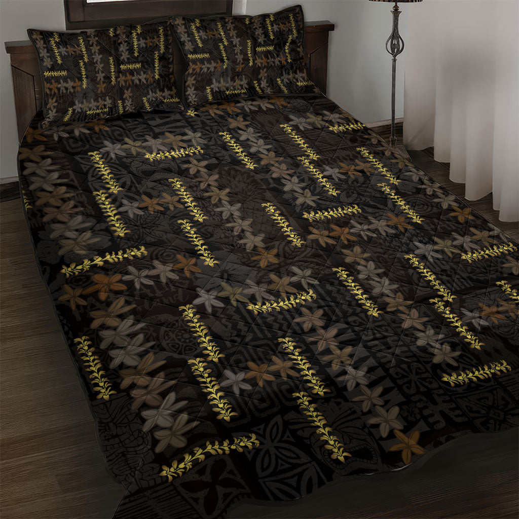 Hawaii Brown Plumeria Lei Black Quilt Bed Set Frangipani Floral Heritage Art LT01 Black - Polynesian Pride