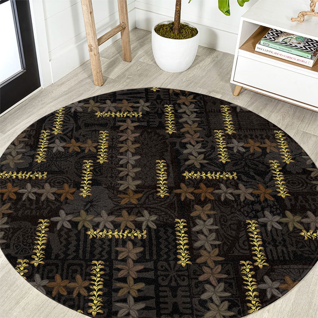 Hawaii Brown Plumeria Lei Black Round Carpet Frangipani Floral Heritage Art LT01 Black - Polynesian Pride