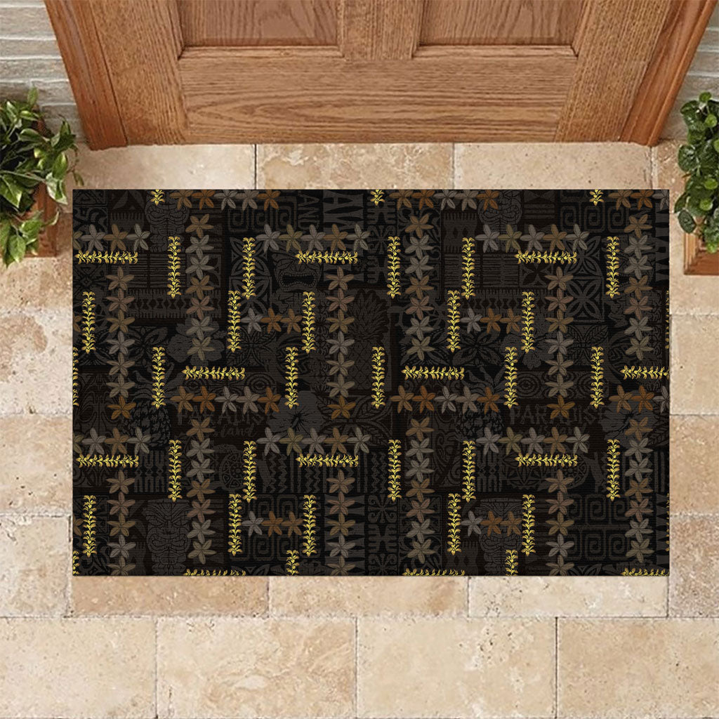 Hawaii Brown Plumeria Lei Black Rubber Doormat Frangipani Floral Heritage Art LT01 Black - Polynesian Pride