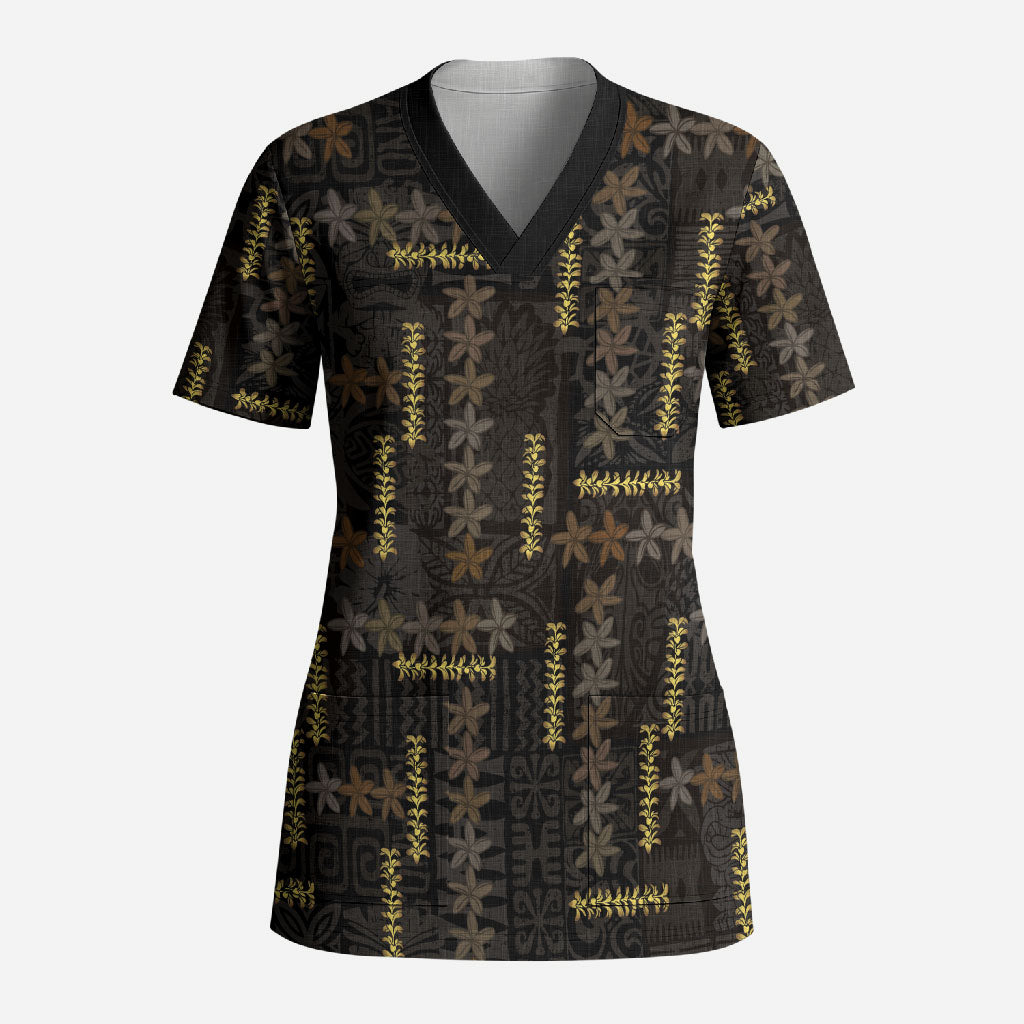 Hawaii Brown Plumeria Lei Black Scrub Top Frangipani Floral Heritage Art LT01 Adult Black - Polynesian Pride