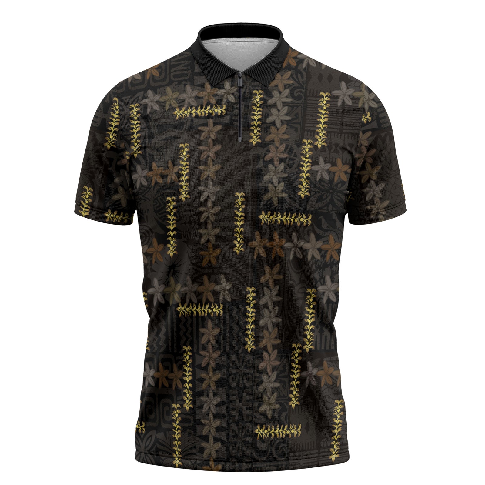 Hawaii Brown Plumeria Lei Black Zipper Polo Shirt Frangipani Floral Heritage Art LT01 Black - Polynesian Pride