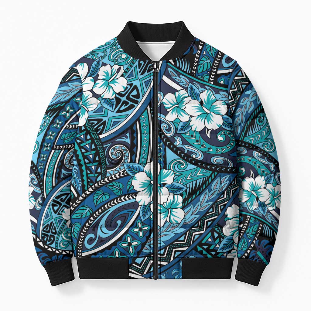 Polynesian Hibiscus Tropical Blue Floral Bomber Puffer Jacket Tribal Pattern LT01 Unisex Blue - Polynesian Pride