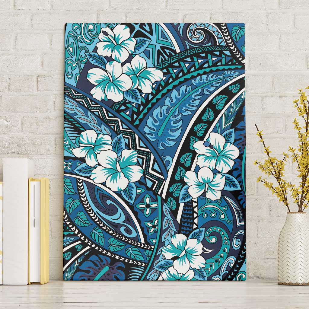 Polynesian Hibiscus Tropical Blue Floral Canvas Wall Art Tribal Pattern LT01 Without Frame Blue - Polynesian Pride