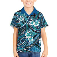 Polynesian Hibiscus Tropical Blue Floral Kid Hawaiian Shirt Tribal Pattern LT01 Kid Blue - Polynesian Pride