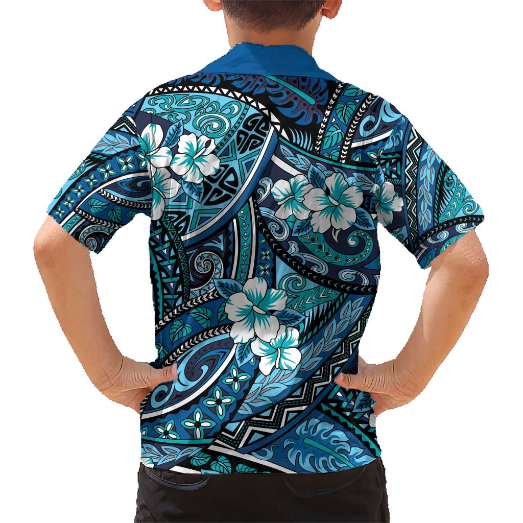 Polynesian Hibiscus Tropical Blue Floral Kid Hawaiian Shirt Tribal Pattern LT01 - Polynesian Pride