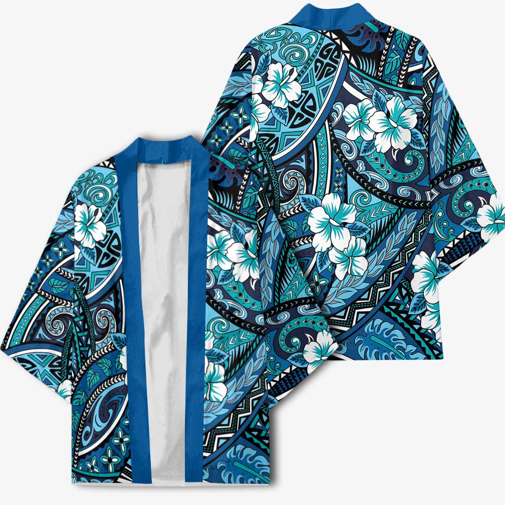 Polynesian Hibiscus Tropical Blue Floral Kimono Tribal Pattern LT01 - Polynesian Pride