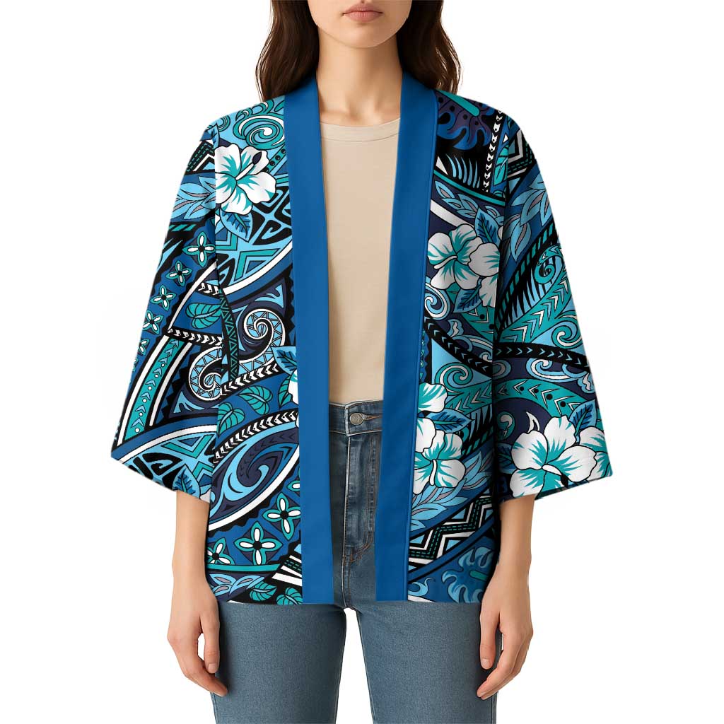 Polynesian Hibiscus Tropical Blue Floral Kimono Tribal Pattern LT01 - Polynesian Pride