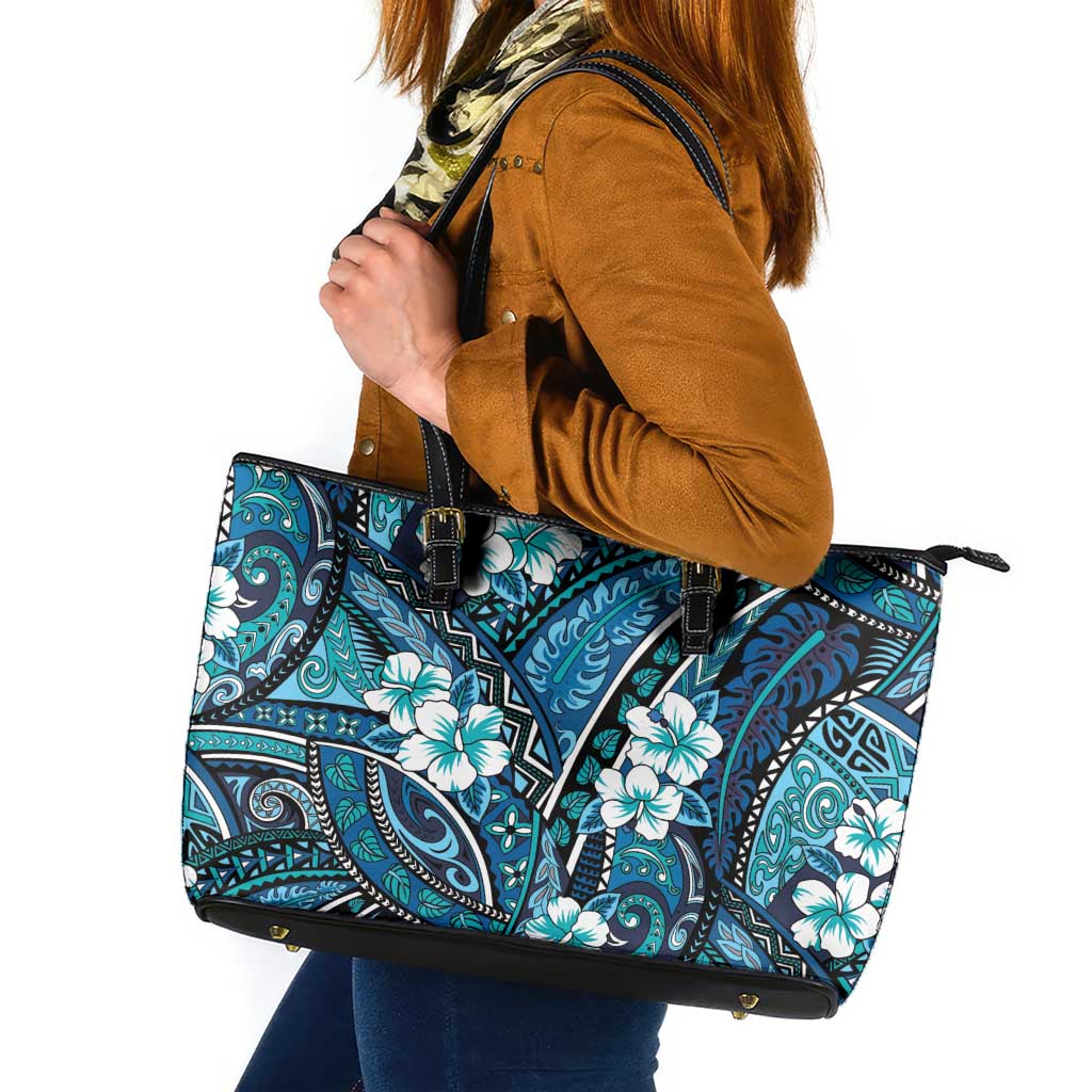 Polynesian Hibiscus Tropical Blue Floral Leather Tote Bag Tribal Pattern LT01 Blue - Polynesian Pride