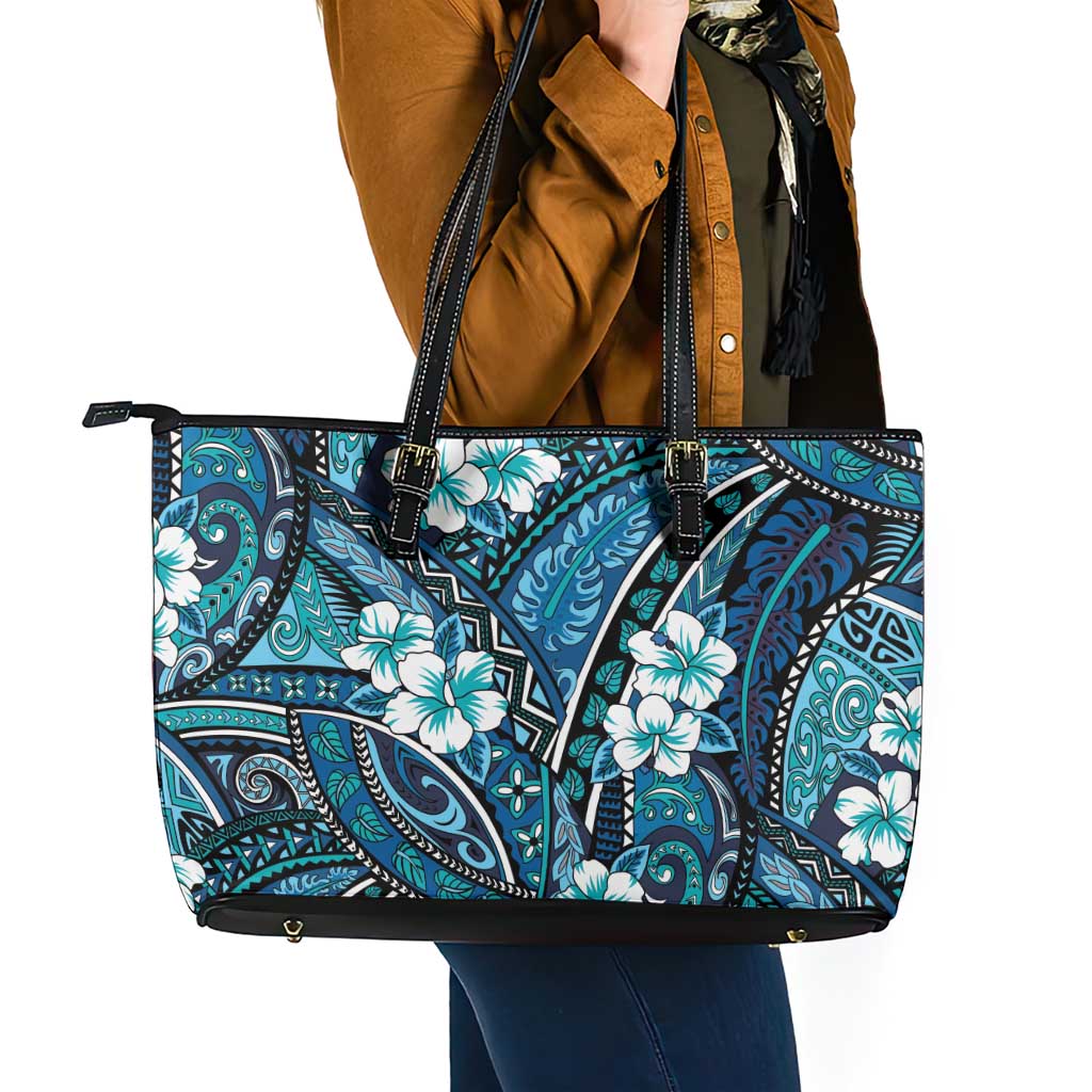 Polynesian Hibiscus Tropical Blue Floral Leather Tote Bag Tribal Pattern LT01 - Polynesian Pride