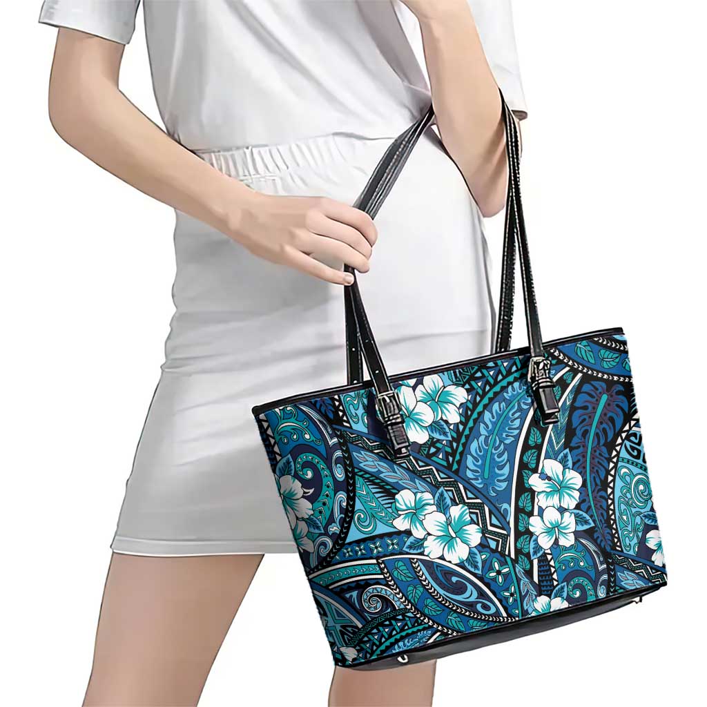 Polynesian Hibiscus Tropical Blue Floral Leather Tote Bag Tribal Pattern LT01 - Polynesian Pride