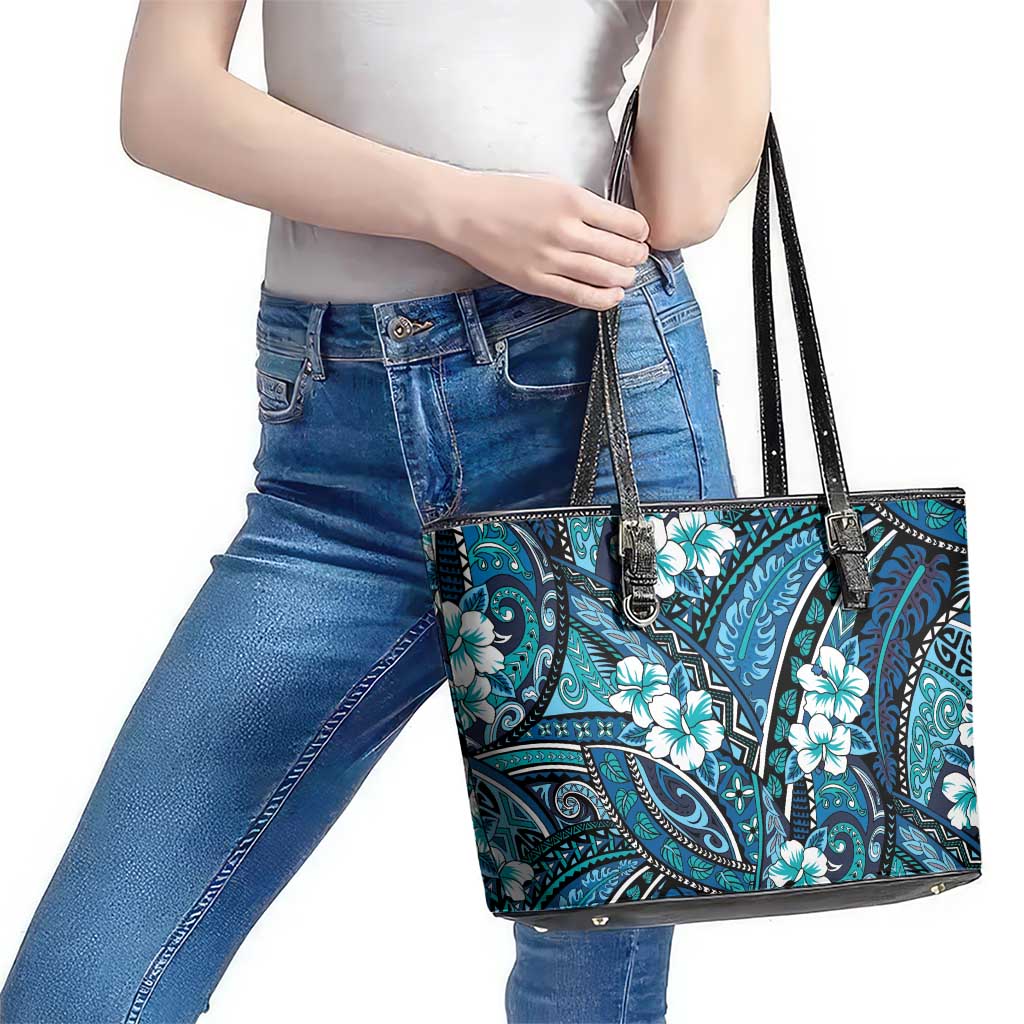 Polynesian Hibiscus Tropical Blue Floral Leather Tote Bag Tribal Pattern LT01 - Polynesian Pride
