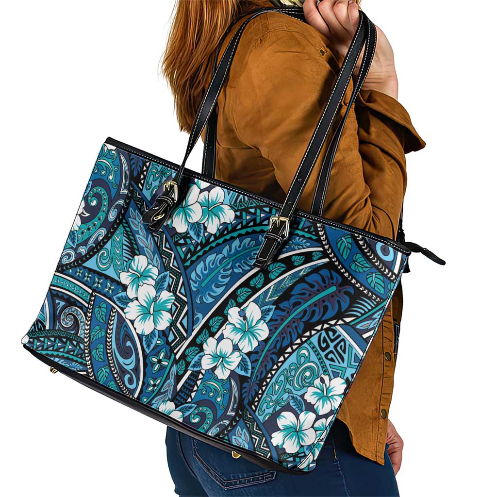 Polynesian Hibiscus Tropical Blue Floral Leather Tote Bag Tribal Pattern LT01 - Polynesian Pride